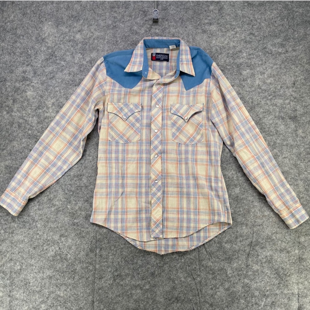 American Shirtmakers Western Shirt Mens 15.5 M Blue Plaid Pearl Snap Suede Yoke
